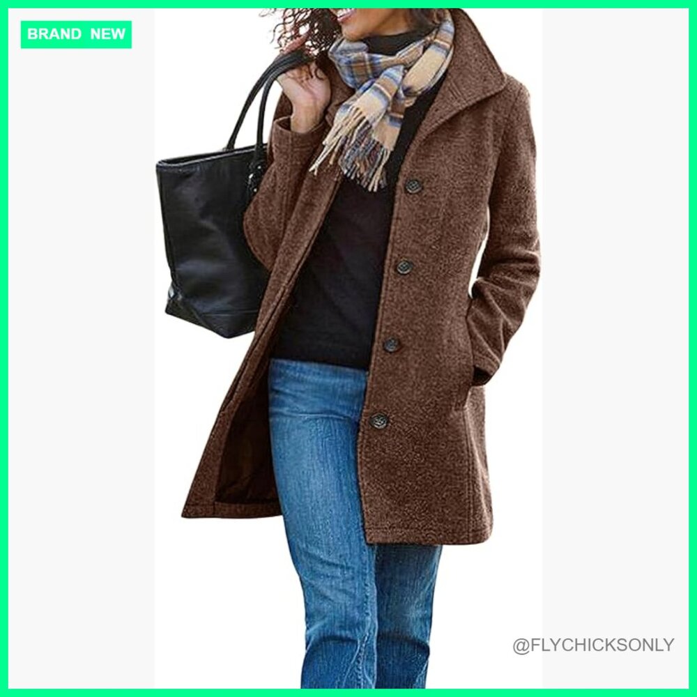 Wool Blend Pea Coat With Stand Collar Single Breasted Long Sleeve